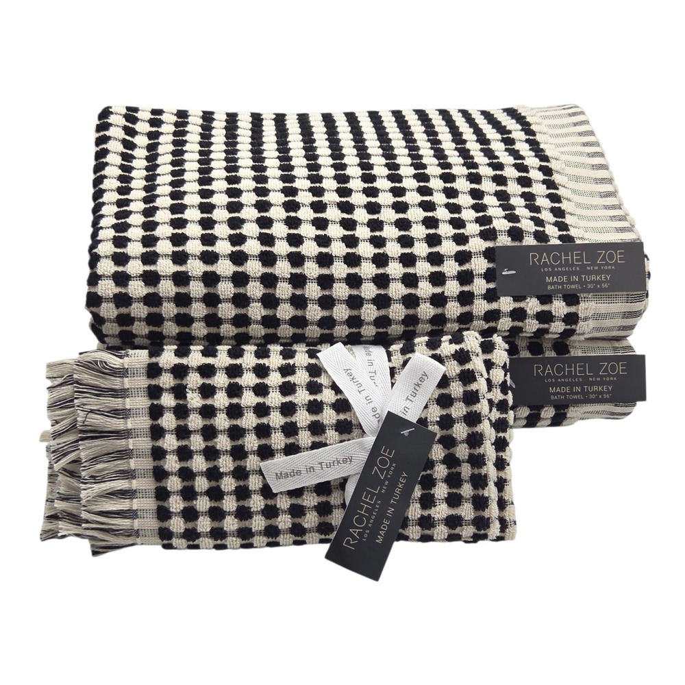 Rachel Zoe 4pc‎ Turkish Cotton Towel Set Black Ecru Raised Dots 2 Bath 2 Hand